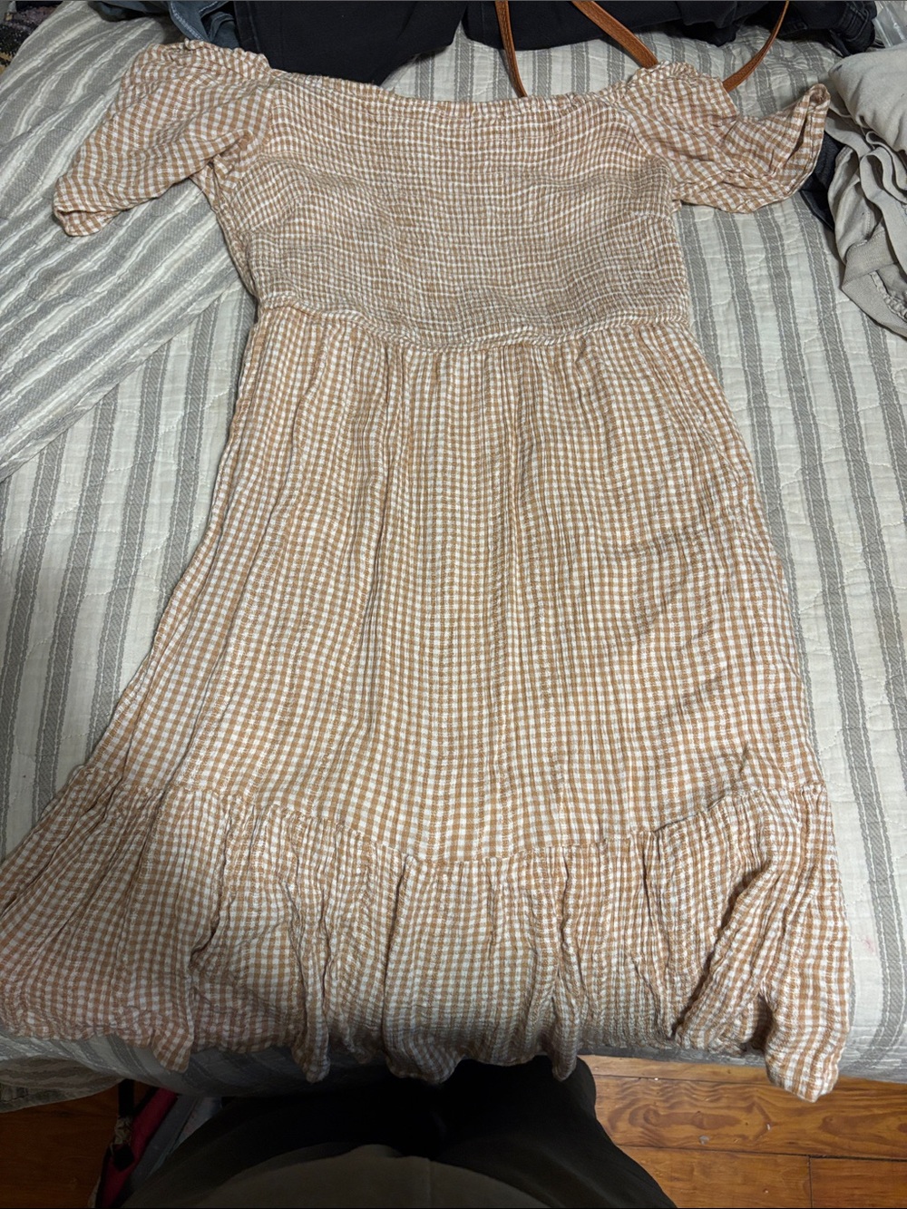 Beige Gingham Off-Shoulder Dress